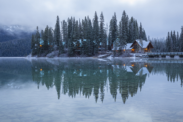 Misty Emerald Lake Chalet reflections by Daniel Pekar Photography