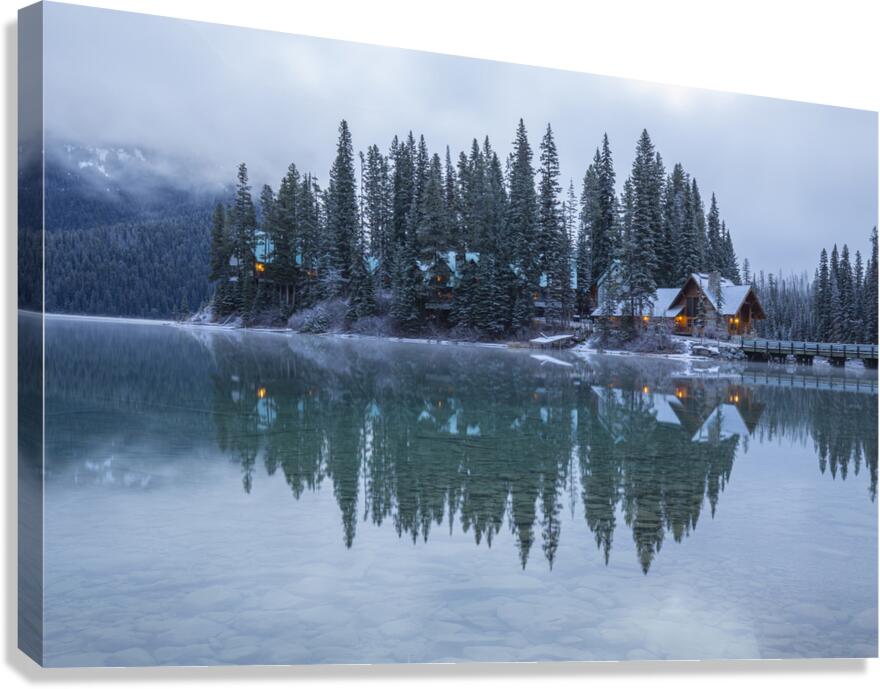 Misty Emerald Lake Chalet reflections Canvas Print