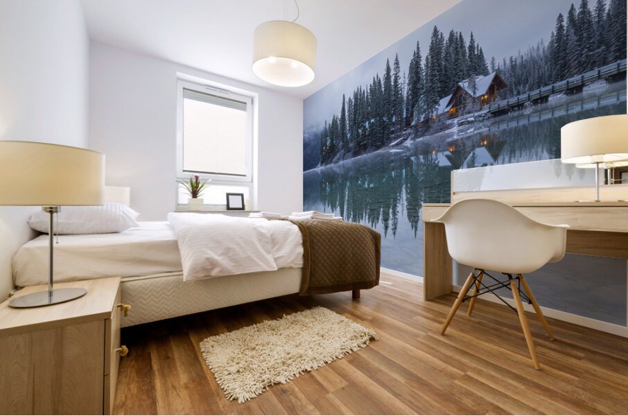 Misty Emerald Lake Chalet reflections Mural print