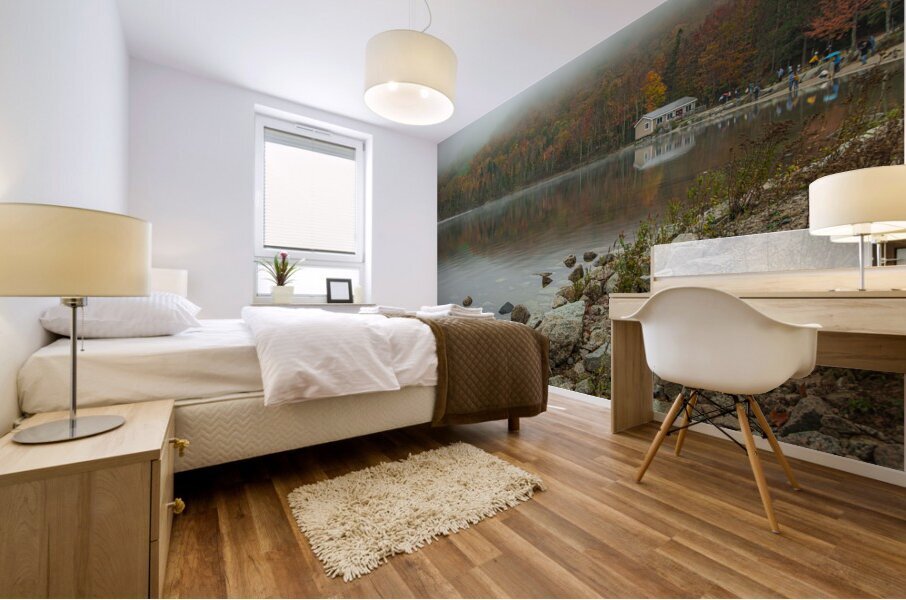 Foggy Autumn lake reflections Mural print