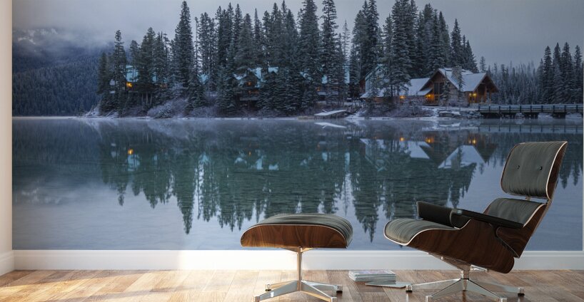 Misty Emerald Lake Chalet reflections Wall Murals