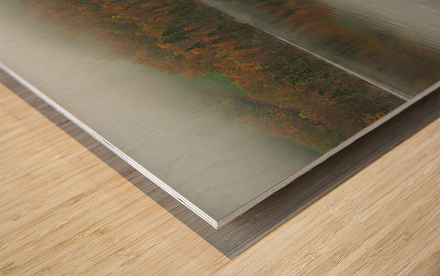 Foggy Autumn lake reflections Wood print